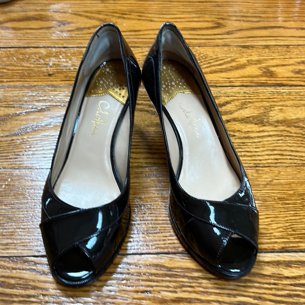 Cole Haan + Nike Air dark brown patent peep toe heels.  Size 6.5 medium.